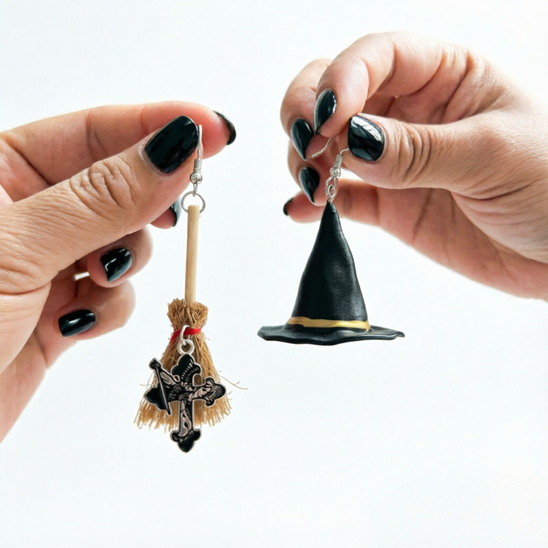 Halloween Witch Hat Broom Asymmetrical Dangle Earrings 6W6JER546