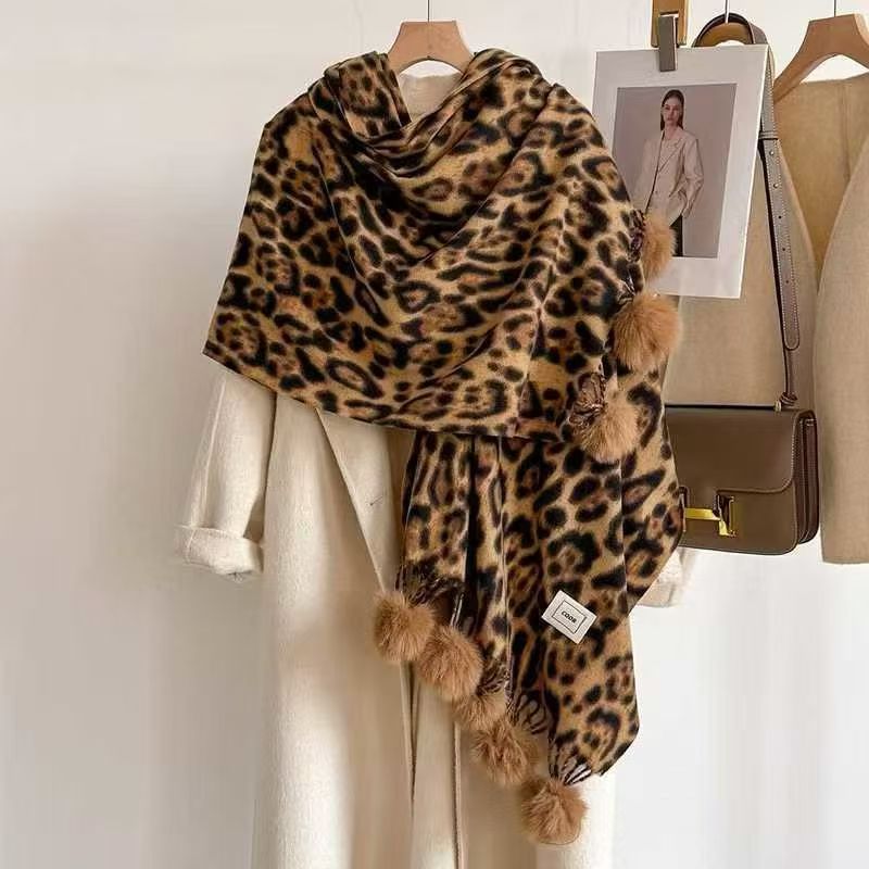 Leopard Print Pompom Scarf - DippedShop Wholesale - #5043