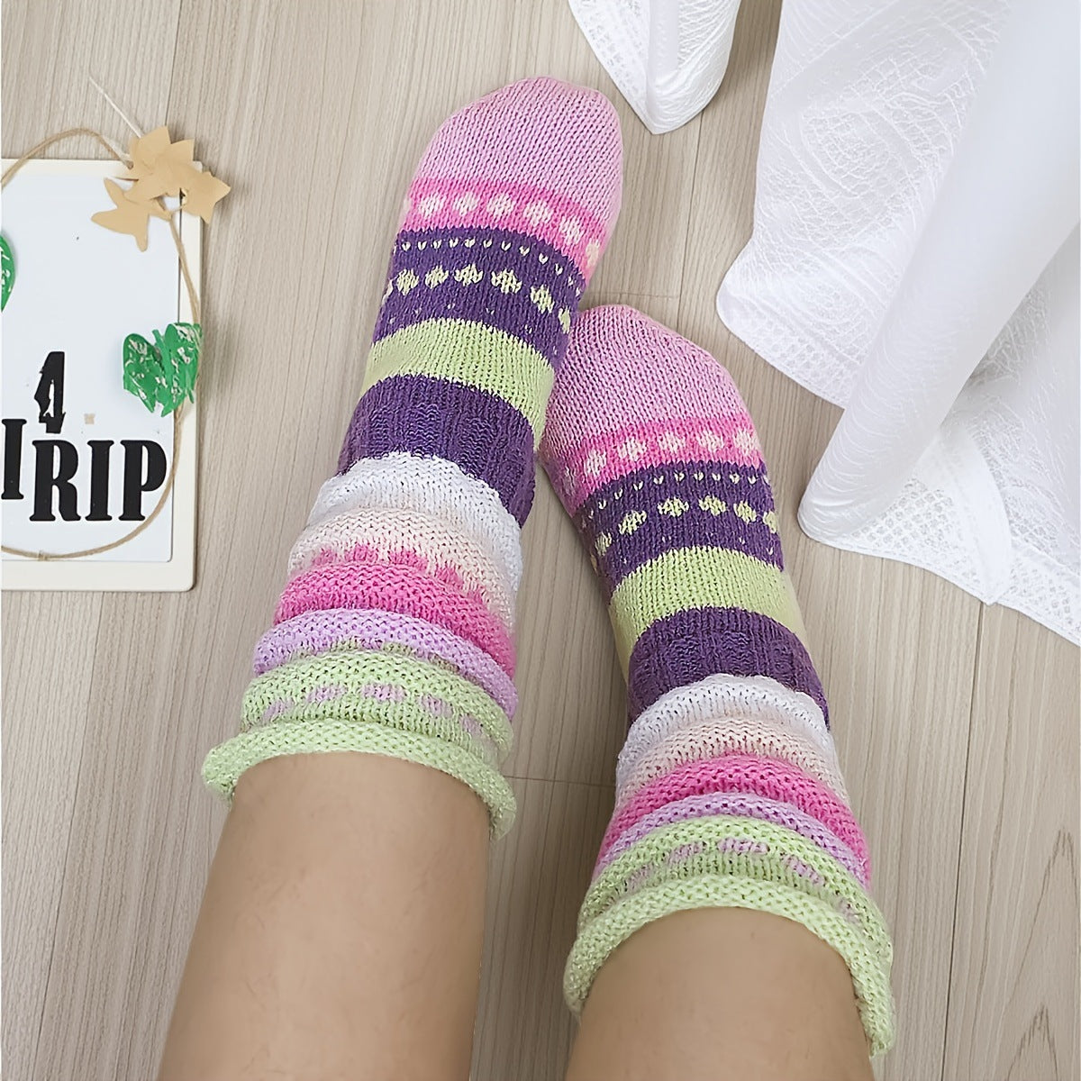 Chunky Knit Striped Mid-Calf Socks - DippedShop Wholesale - #8355
