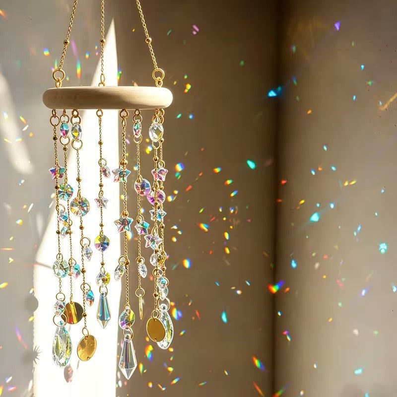 Iridescent Crystal Star Moon Tassel Suncatcher Wind Chime 6H7HLS217