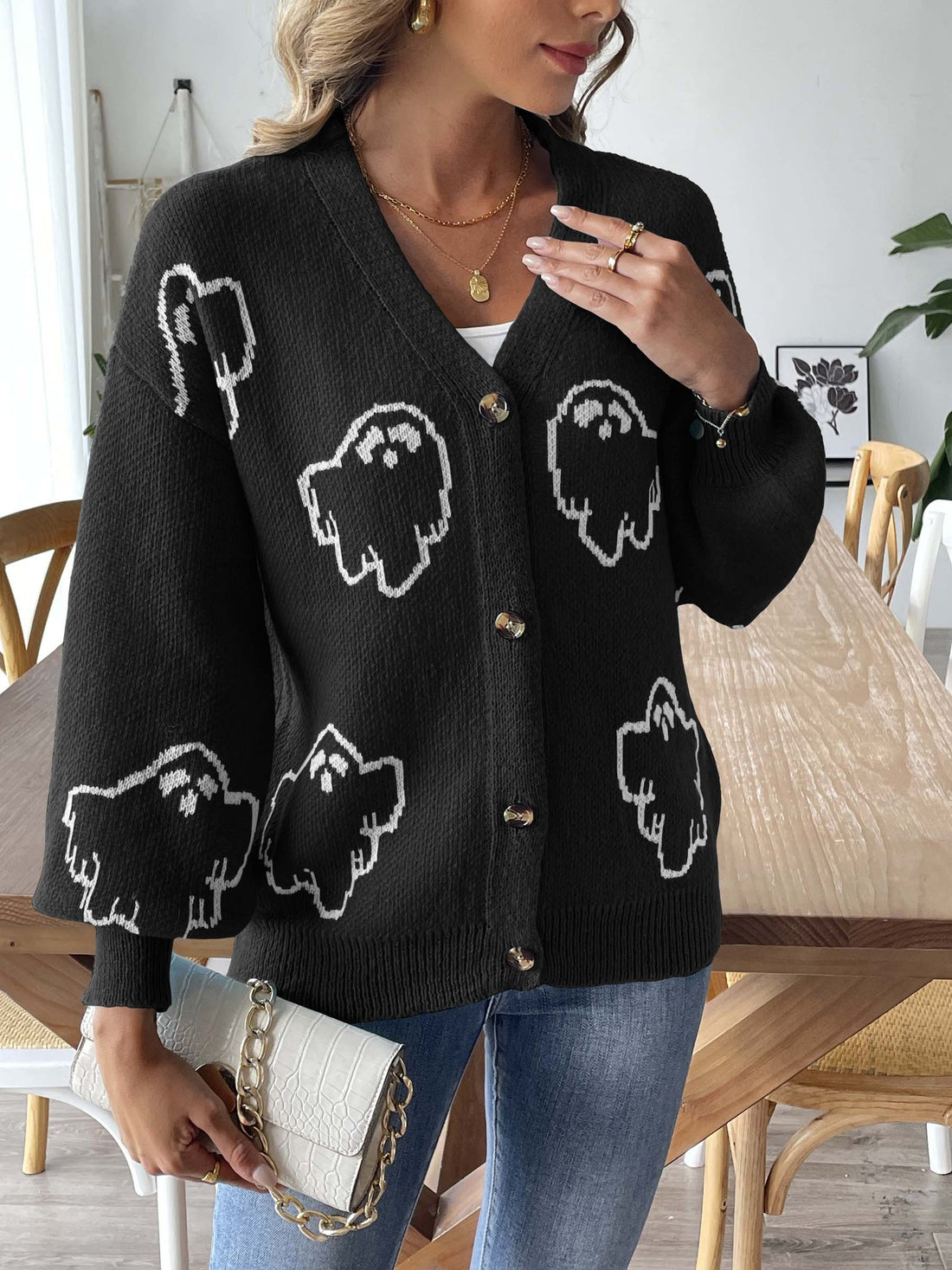 Halloween Cartoon Ghost Buttons Knit Cardigan DP25G535