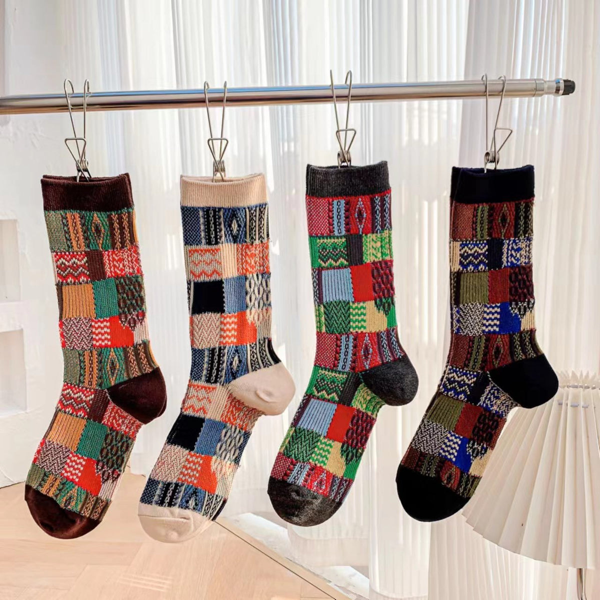 Vinatge Plaid Color Contrast Soft Crew Socks 6W8FSO816
