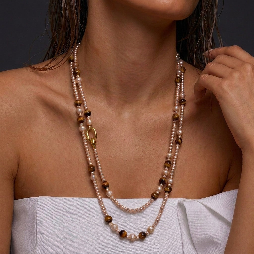 Vintage Tiger's Eye Pearl Chain Necklace 6W6JNC668