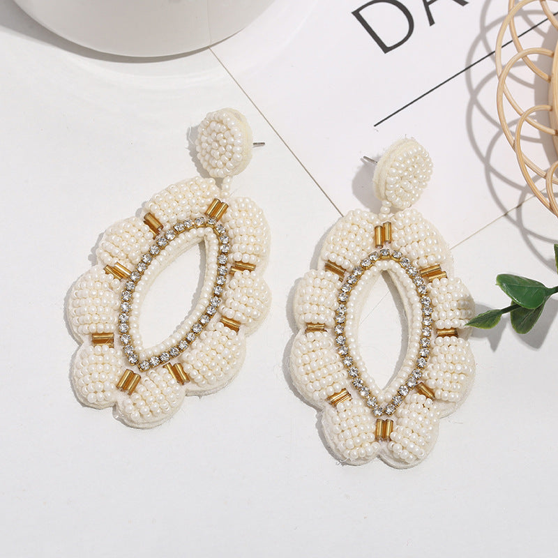 Rhinestone Beaded Floral Dangle Earrings - DippedShop Wholesale - #4931