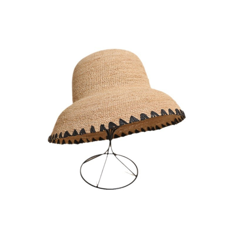 Vintage Straw Handwove Black Trim Bucket Hat DP25E414