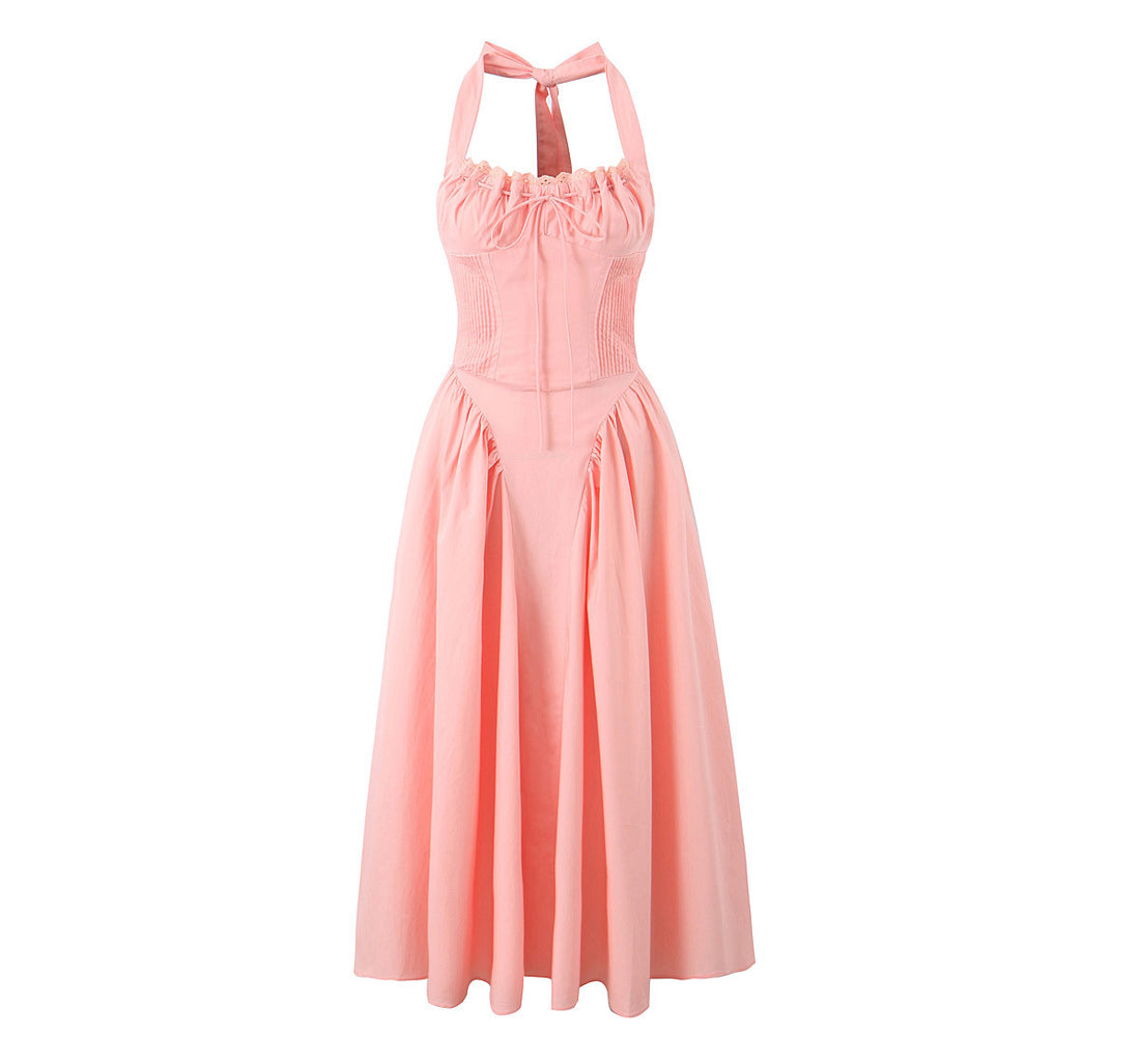 Casual Solid Color Pleated Halte Maxi Dress DP25C979