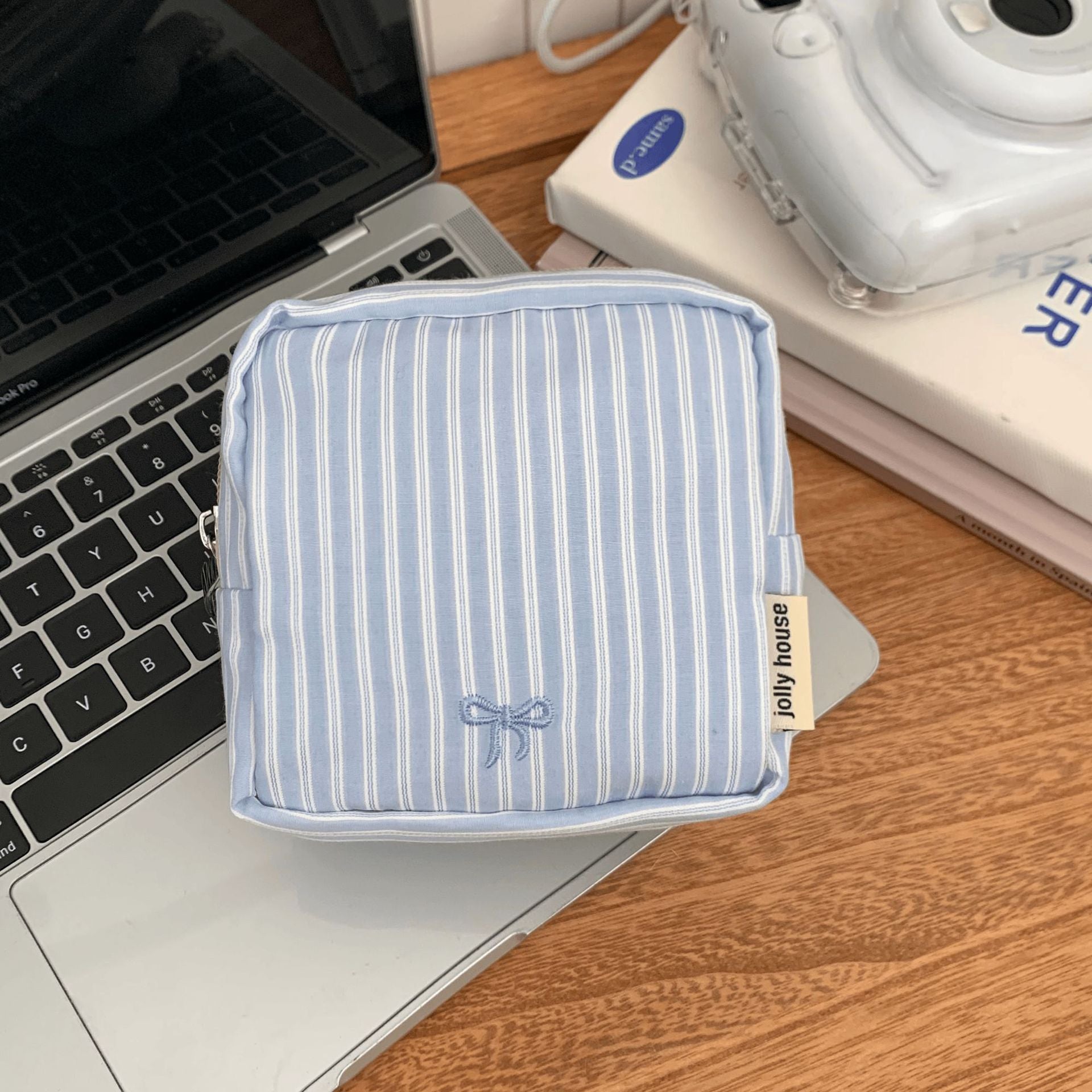 Minimalist Striped Print Bowknot Embroidery Cosmetic Bag 6S5CO125