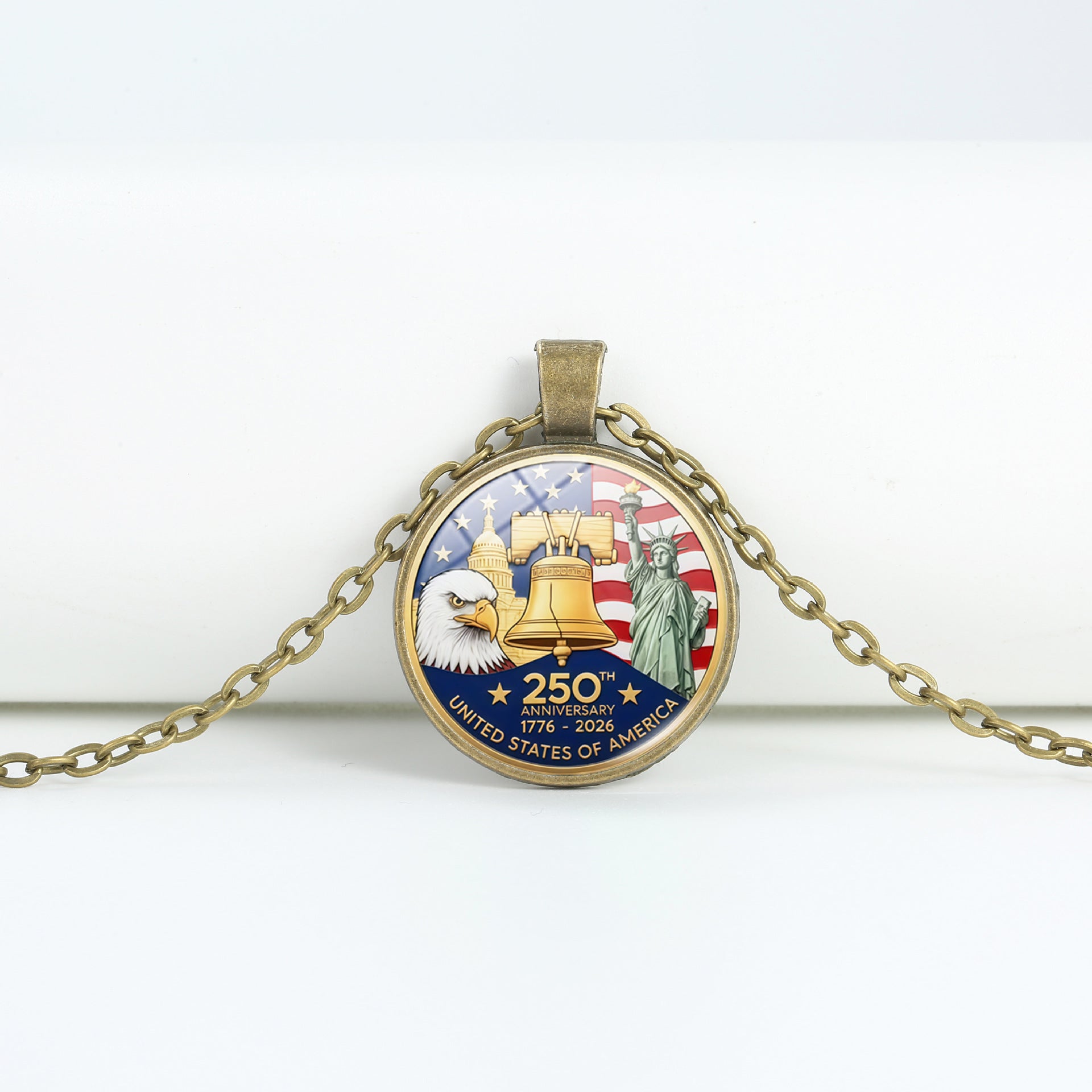 Retro USA Flag Pattern Round Pendant Chain Necklace 8ZA6JNC278T