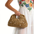 Elegant Pearl Hollow Out Straw Hand-Woven Tote Bag 8BW6BBG429T