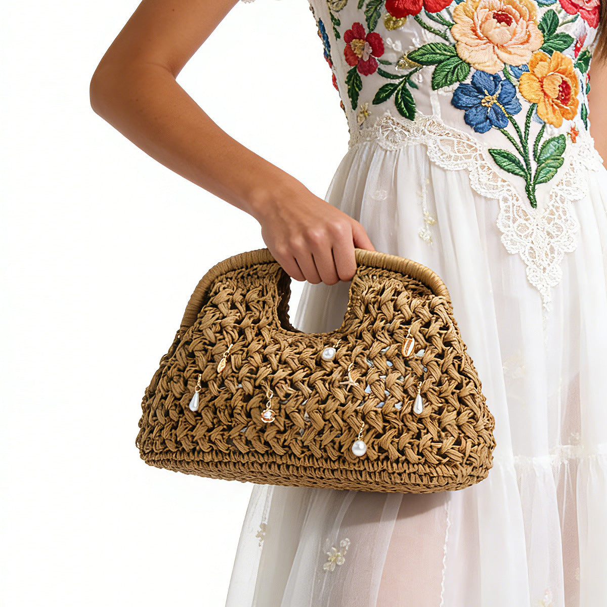 Elegant Pearl Hollow Out Straw Hand-Woven Tote Bag 8BW6BBG429T