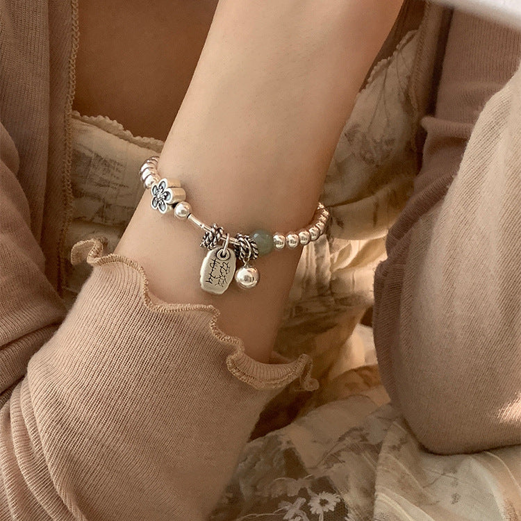 Chunky Silver Flower Stone Charm Beaded Bracelet 6W6JBR334