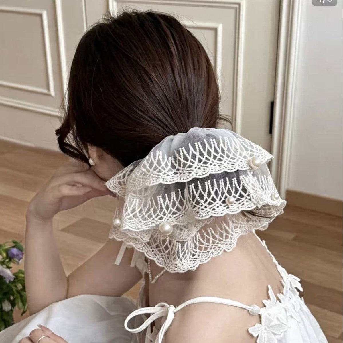Oversized Double Layered Lace Mesh Pearl Scrunchies MK2BW6W6HSR60