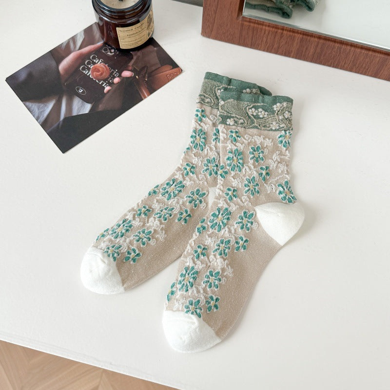 Vintage Floral Embossed Cotton Crew Socks 6W8FSO737