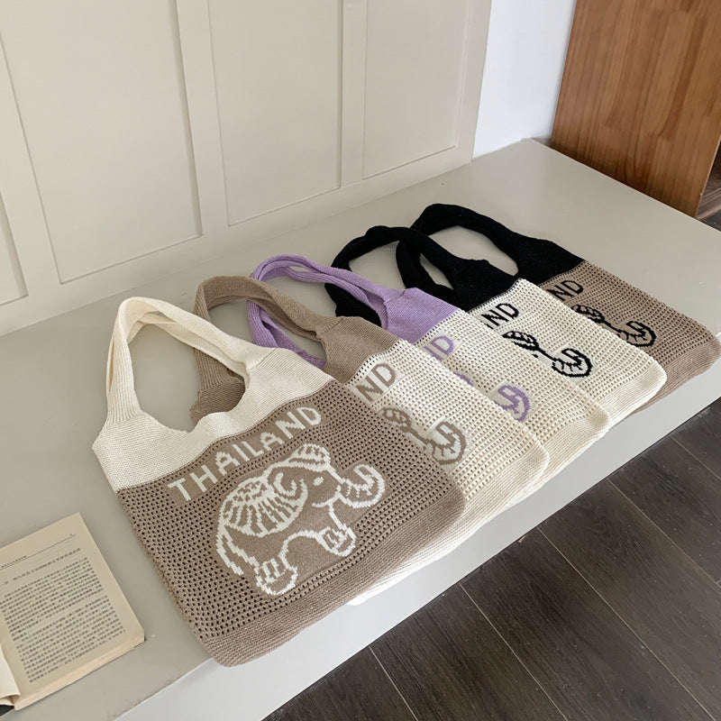 Casual Letter Elephant Knitted Shoulder Bag 6W10BBG1791
