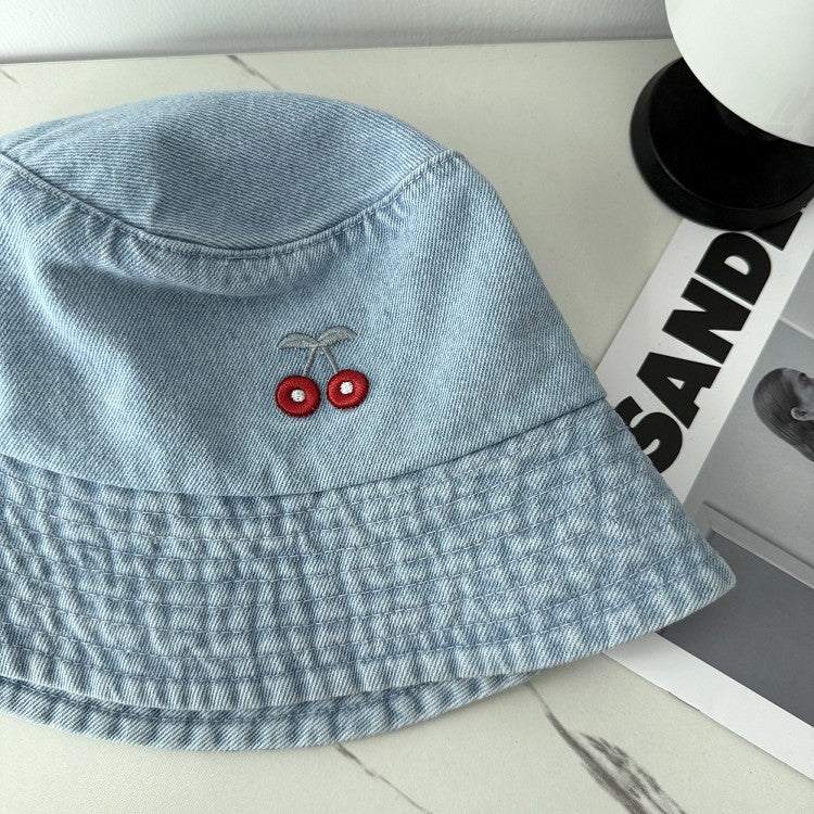 Cute Bowknot Cherry Embroidery Denim Bucket Hat MK2BW6W6HAT70