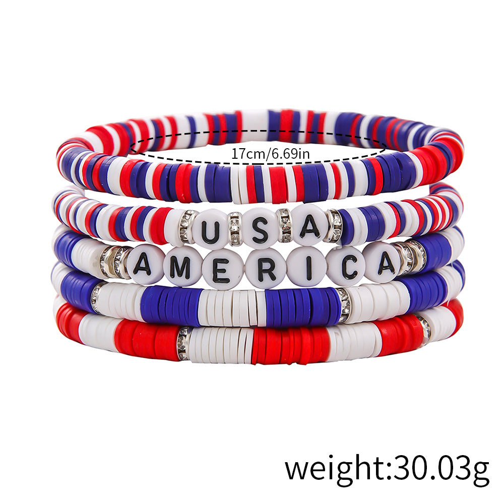 Stylish USA Flag Elastic Beaded Chain Bracelets Set 8ZA6JBR301L
