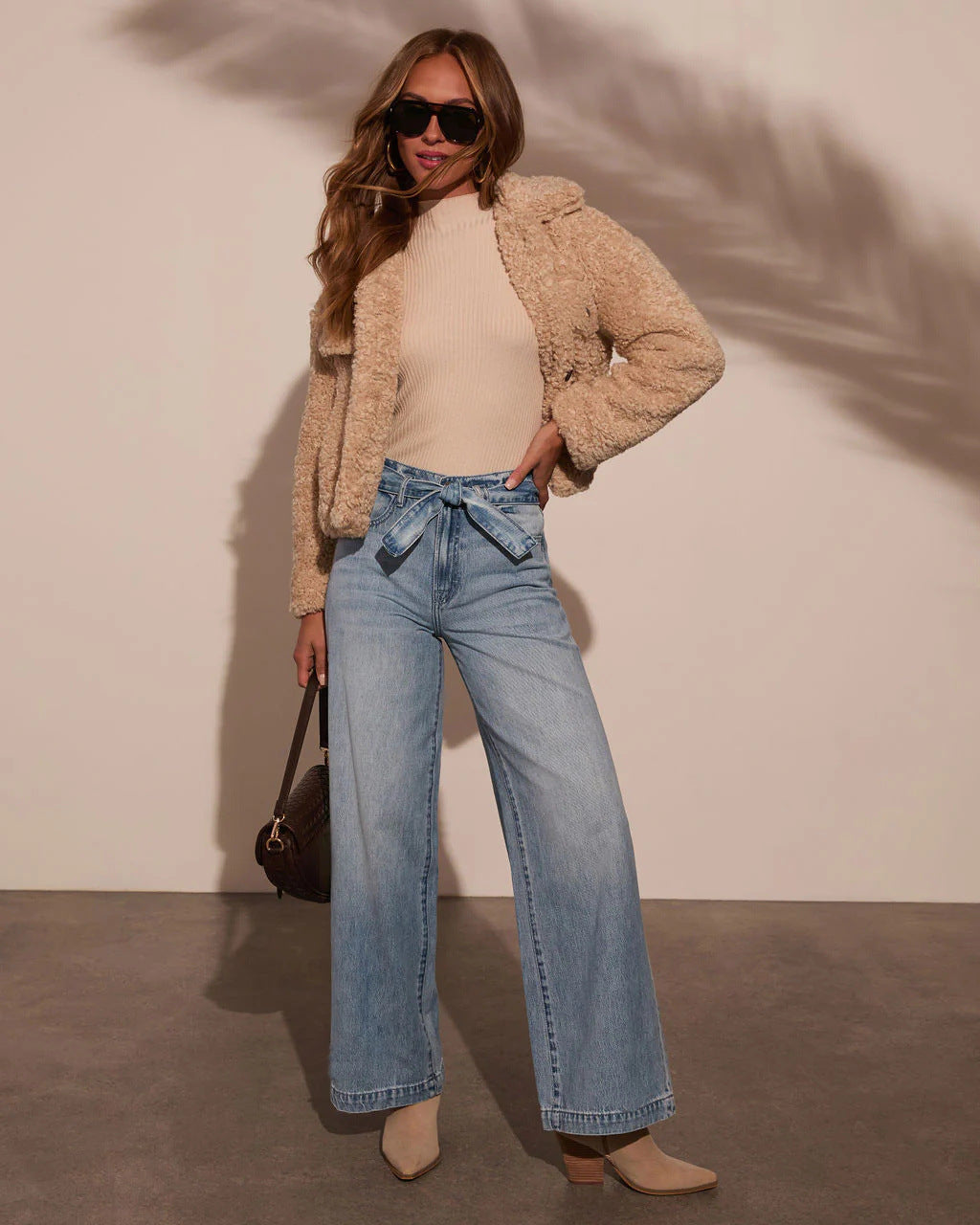 Washed Straight Leg String Tie Loose Jeans DP25A710