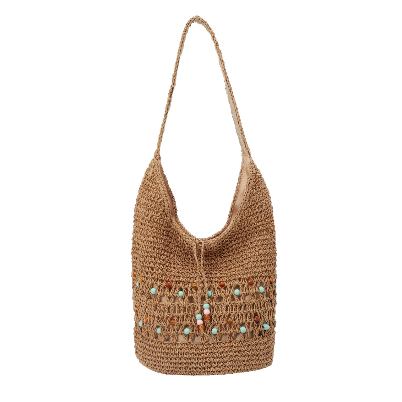 Boho-Style Hollow Straw Woven Beaded Shoulder Bag MK2BK6W10BBG14