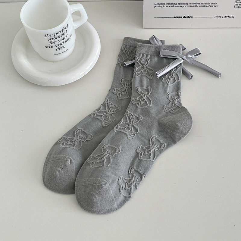 Cute Bowknot 3D Bear Solid Color Crew Socks 6W8FSO539