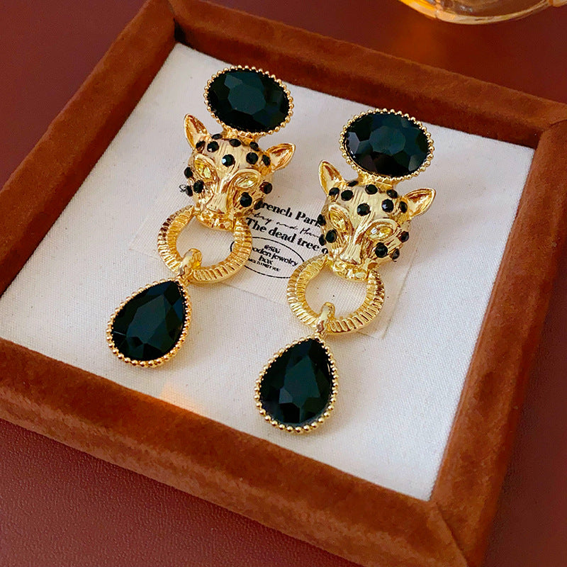 Vintage Rhinestone Gold Plated Tiger Head Drop Earrings 6W6JER821