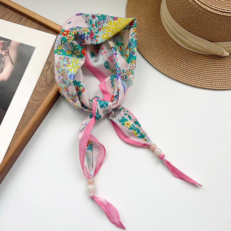 Vintage Flower Print Beaded Triangle Scarf MK2BW6W6NSI01