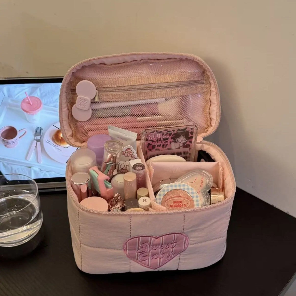 Cute Solid Color Love Heart Embroidery Makeup Bag MK2BW6S10BOB80