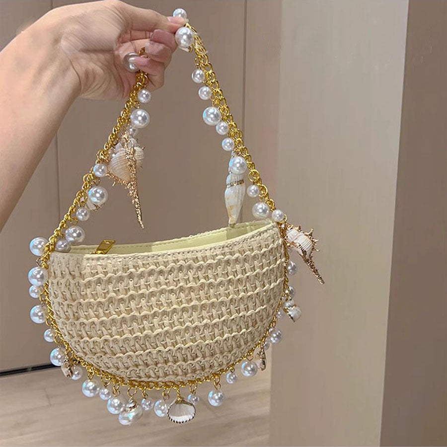Trendy Straw Woven Pearl Tassel Underarm Bag 8CW6BBG510T