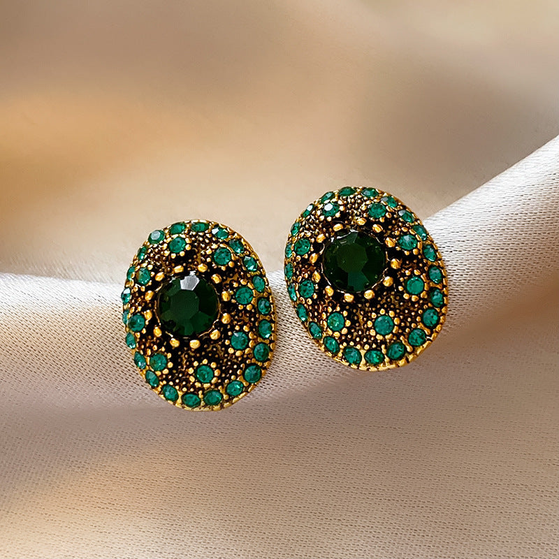 Vintage Oval Green Rhinestone Stud Earrings 6W6JER708