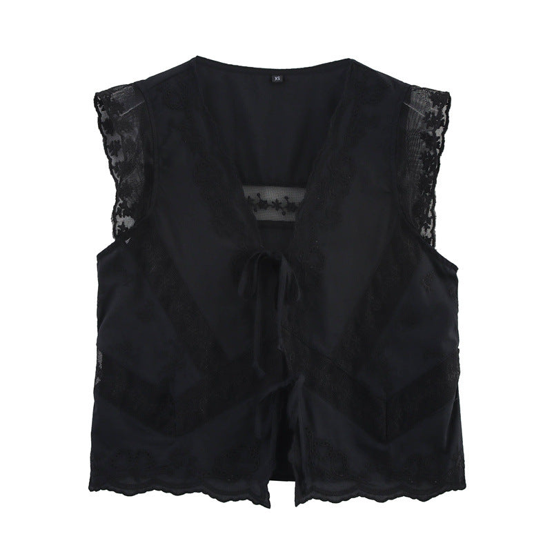 Casual Sleeveless Embroidered Tie Front Top DP25D423