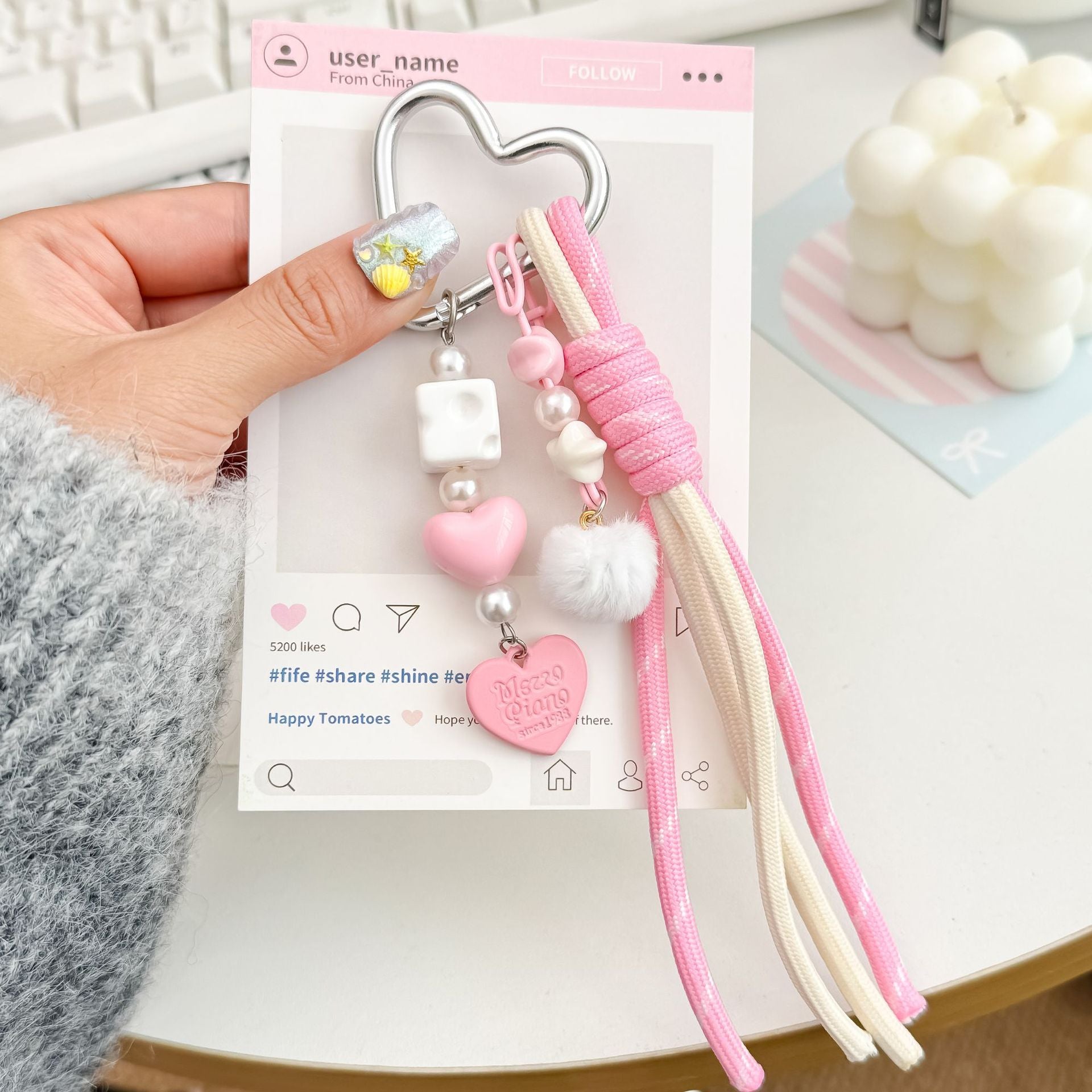 Trendy Plush Ball Heart Pendant Keychain Bag Charm 6W10BBC389