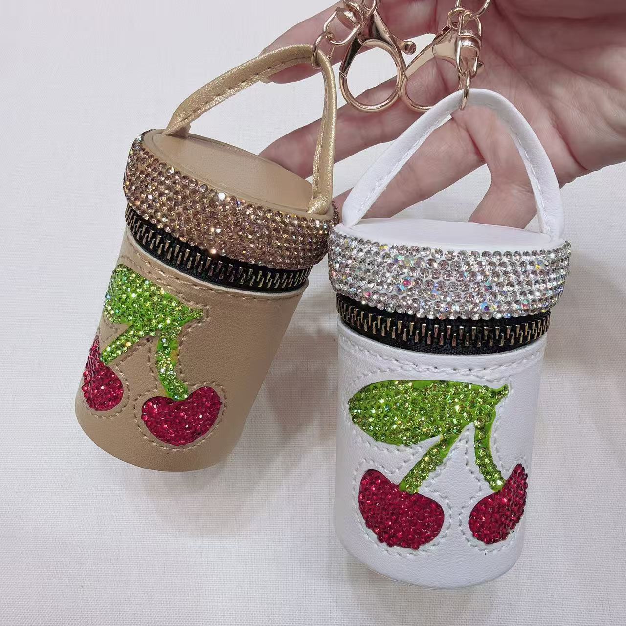 Creative Rhinestones Cherry Bucket Bag Pendant Keychain 6W10BBC625