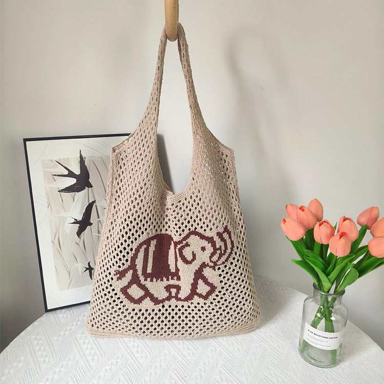 Vintage Elephant Print Hollow Knit Shouder Bag 6W10BBG1771
