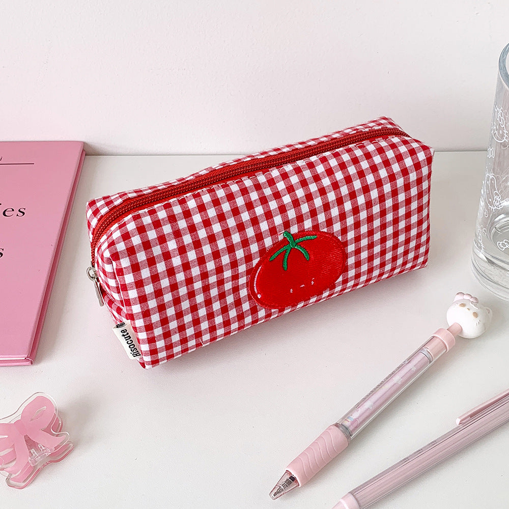 Cute Tomato Embroidery Plaid Print Makeup Bag MK2BW6S10BOB56