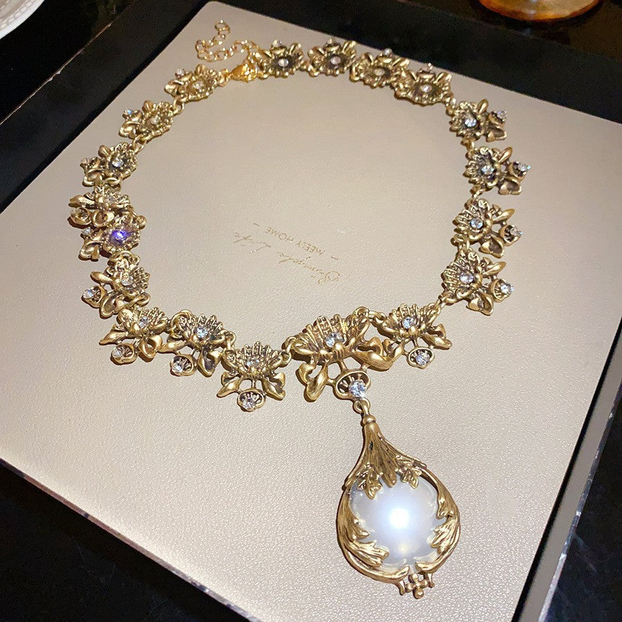 Vintage Pearl Pendant Rhinestone Floral Chain Necklace 6W6JNC979
