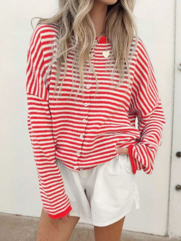Casual Striped Round Neck Long Sleeve Cardigan DP25F544