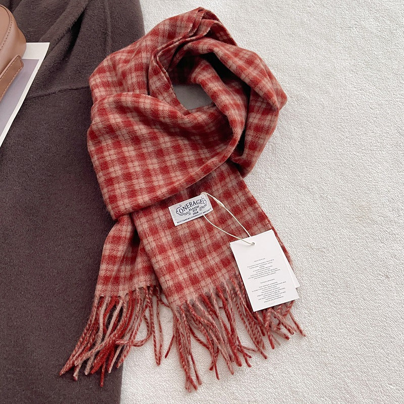 Vintgae Plaid Cashmere-Feel Taseel Warm Scarf 6W6NSC66