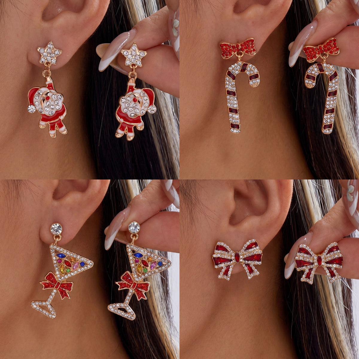 Rhinestone Santa Claus Candy Cane Bow Dangle Earrings 6W6JER690