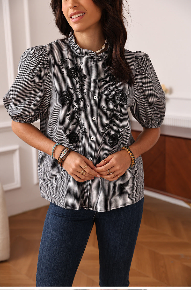 Plaid Floral Embroidered Ruffled  Shirt DP25C852