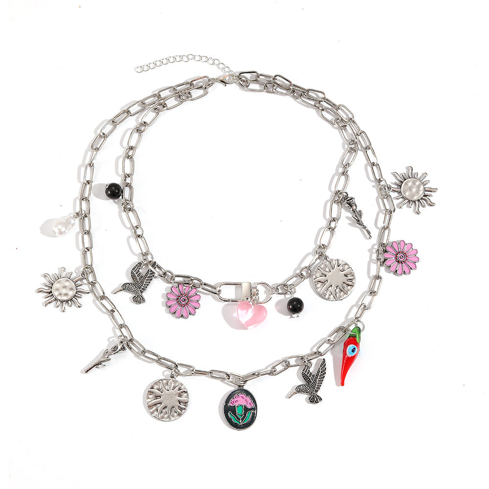 Trendy Double Layer Floral Heart Pendant Necklace 6W6JNC626