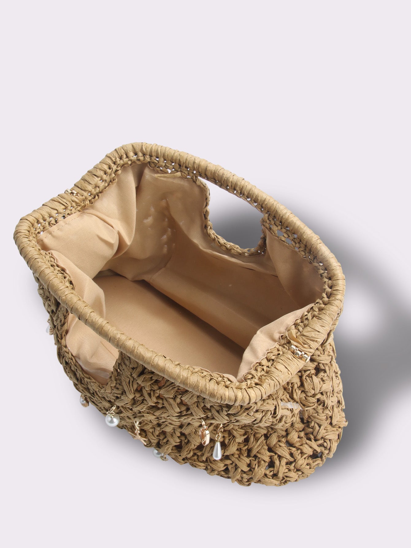 Elegant Pearl Hollow Out Straw Hand-Woven Tote Bag 8BW6BBG429T