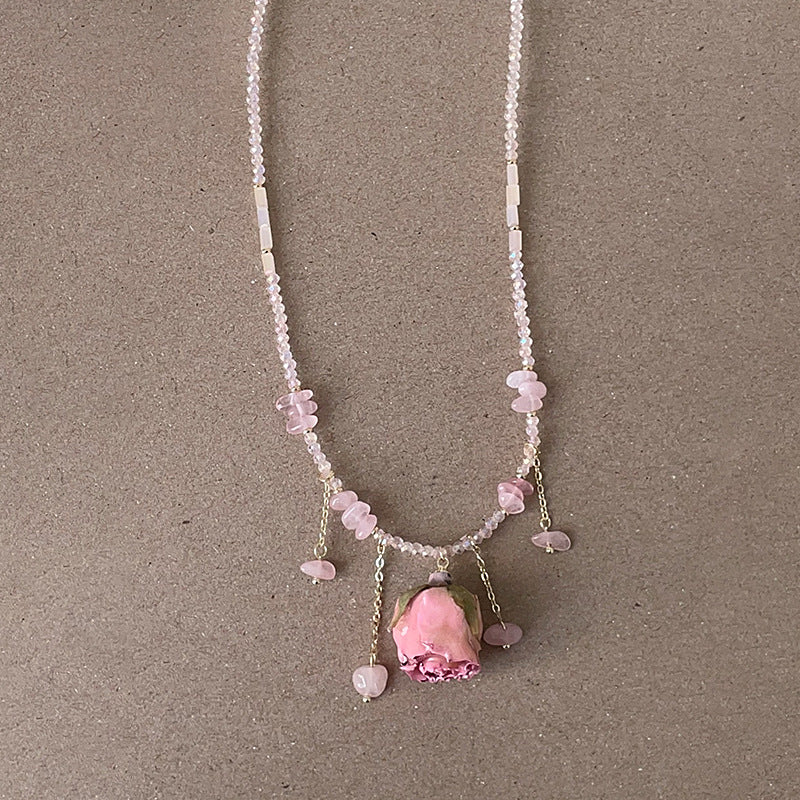 Vintage Pink Rose Flower Pearl Choker Necklace 6W6JNC385L
