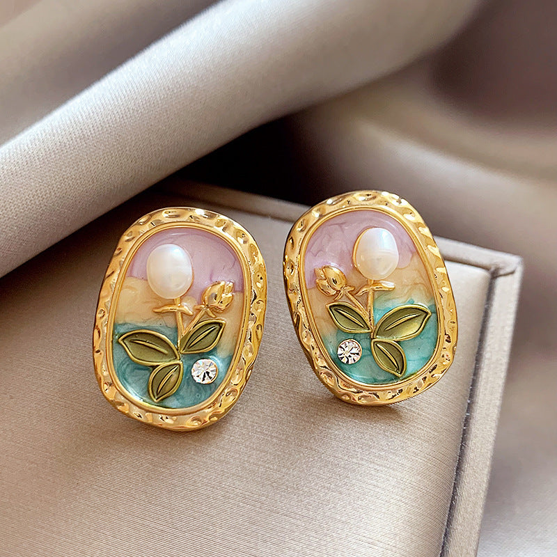 Fresh Flower Enamel Gold Plated Stud Earrings 6W6JER733