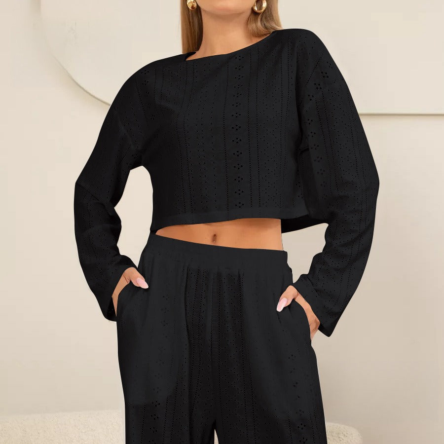 Solid Color Hollow Jacquard Loungewear Set DP25F894