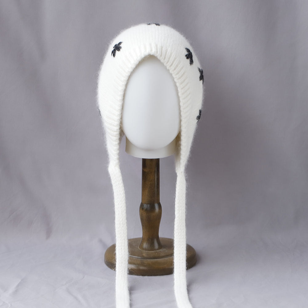 Floral Jacquard Angora Knit Bonnet With Ties 6W6HAT699