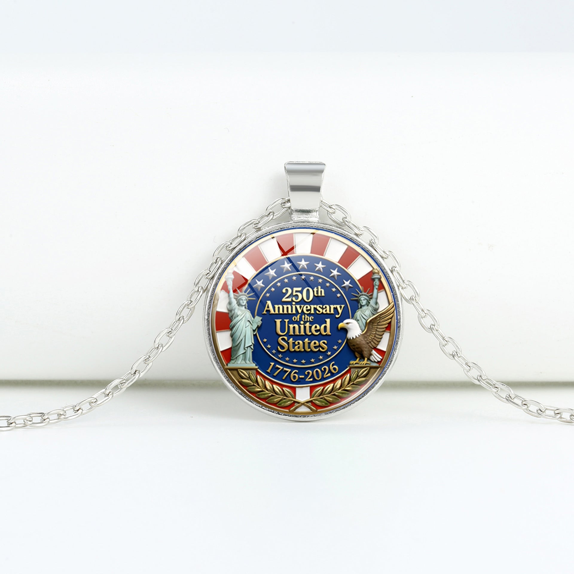 Retro USA Flag Pattern Round Pendant Chain Necklace 8ZA6JNC278T
