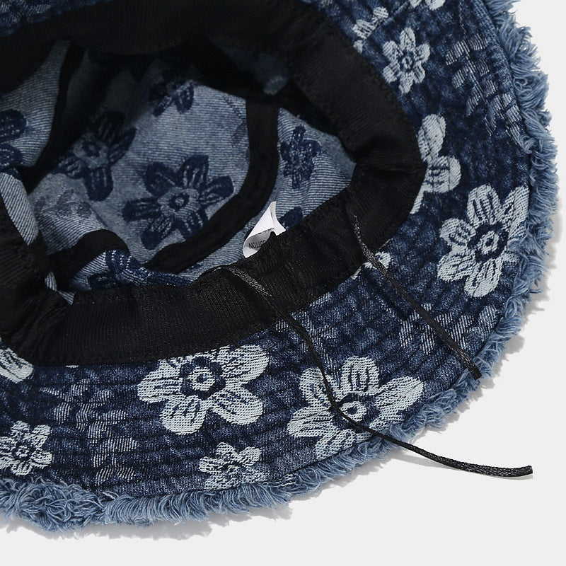Trendy Floral Print Frayed Denim Bucket Hat MK2BW6W6HAT69