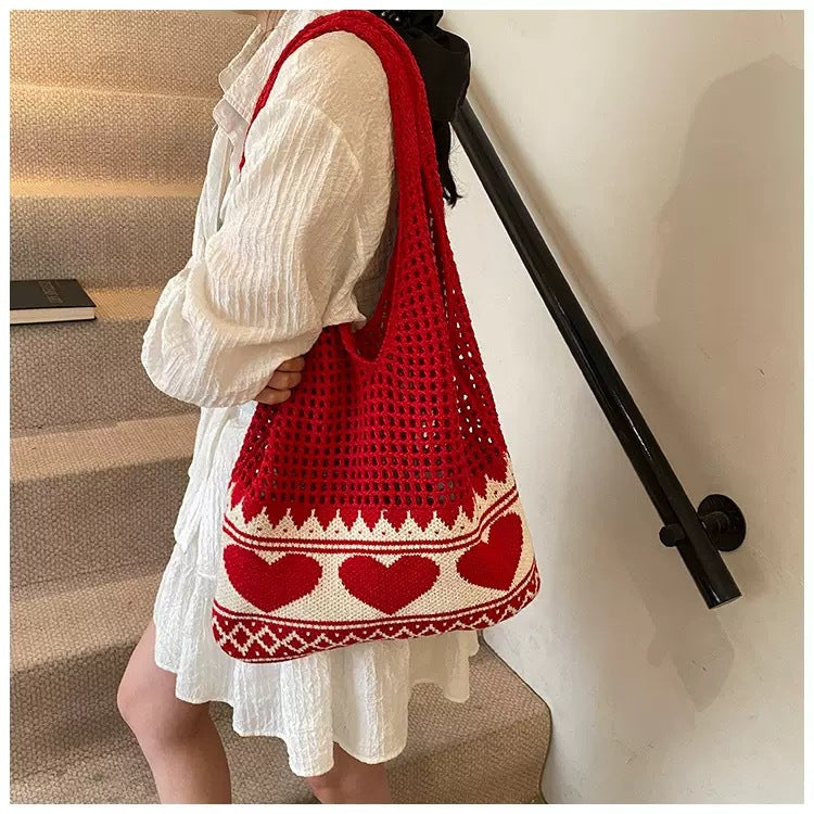 Casual Heart Knitted Hollow Out Shoulder Bag 6W10BBG1794