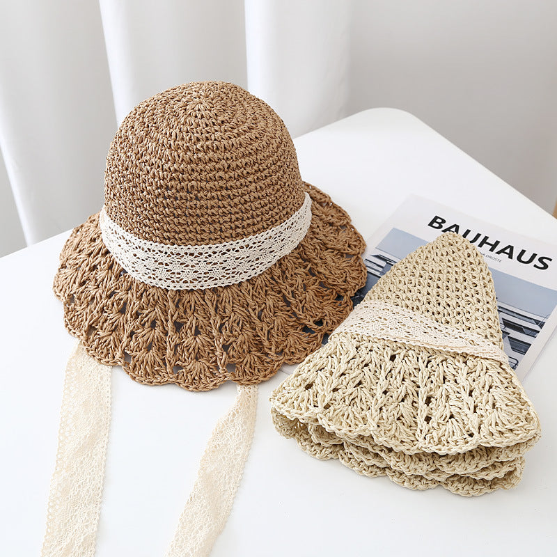 Hollow Lace Straw Bucket Hat - DippedShop Wholesale - #5875