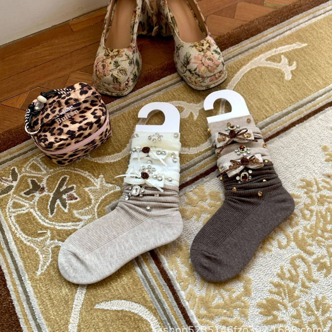 Rhinestone Bow Calf Socks - DippedShop Wholesale - #1139