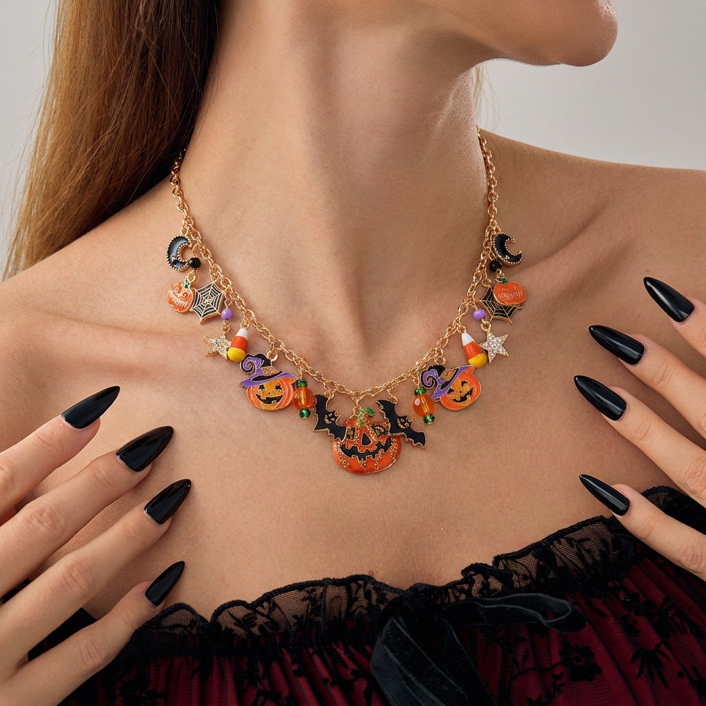 Vintage Halloween Gothic Bat Pumpkin Necklace 6W6JNC881